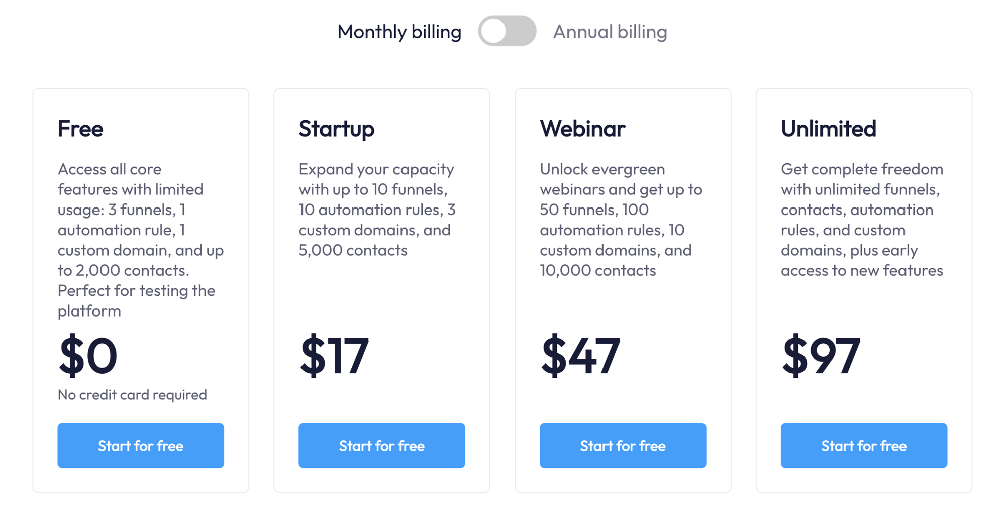 Systeme.io official monthly pricing page showing Free ($0), Startup ($17), Webinar ($47), and Unlimited ($97) plans with monthly billing selected, captured September 7, 2026